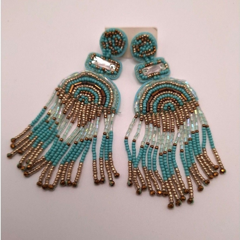 Southwestern beaded earrings dangle drop turquoise gold white gold tone post